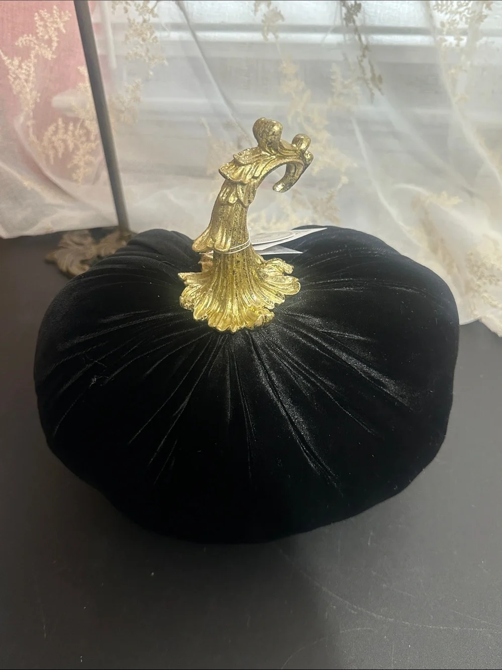 Gilded maple Halloween black velvet pumpkin with gold spider decor